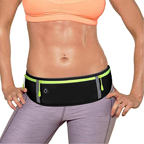 Running Belt with Two Zippered Pockets and Water Bottle Holder, Fits Phone, Keys, Energy Gels – Adjustable Waist Pack for Marathon, Trail Running, Hiking, Jogging, Walking [LD&JR] (Black)