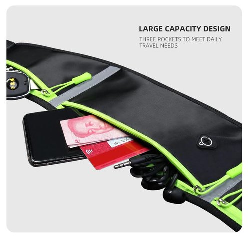 Running Belt with Two Zippered Pockets and Water Bottle Holder, Fits Phone, Keys, Energy Gels – Adjustable Waist Pack for Marathon, Trail Running, Hiking, Jogging, Walking [LD&JR] (Black)