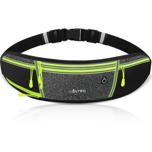 QEWORANE Running Belt for Women & Men Water Resistant Fitness Waist Pack with Phone Pocket & Water Bottle Holder Adjustable Reflective Jogging Belt for Running, Hiking, Gym (Gray Black)