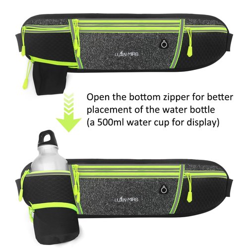 QEWORANE Running Belt for Women & Men Water Resistant Fitness Waist Pack with Phone Pocket & Water Bottle Holder Adjustable Reflective Jogging Belt for Running, Hiking, Gym (Gray Black)