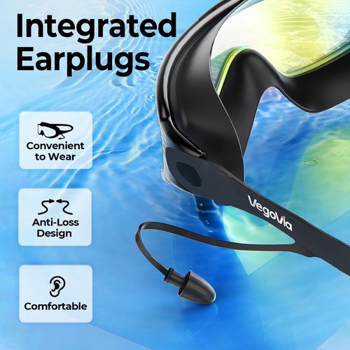 VegoVia 2 Pack Goggles Swimming Adult Men Women, Anti-Fog Pool Water Swim Goggles 180° Wide View UV Protection No Leaking Silicone Swim Glasses Attached Earplugs for Youth Beach Open Water Beach