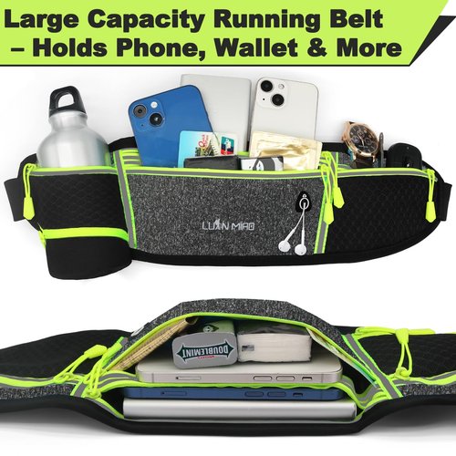 QEWORANE Running Belt for Women & Men Water Resistant Fitness Waist Pack with Phone Pocket & Water Bottle Holder Adjustable Reflective Jogging Belt for Running, Hiking, Gym (Gray Black)