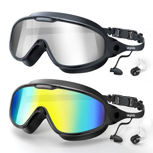 VegoVia 2 Pack Goggles Swimming Adult Men Women, Anti-Fog Pool Water Swim Goggles 180° Wide View UV Protection No Leaking Silicone Swim Glasses Attached Earplugs for Youth Beach Open Water Beach